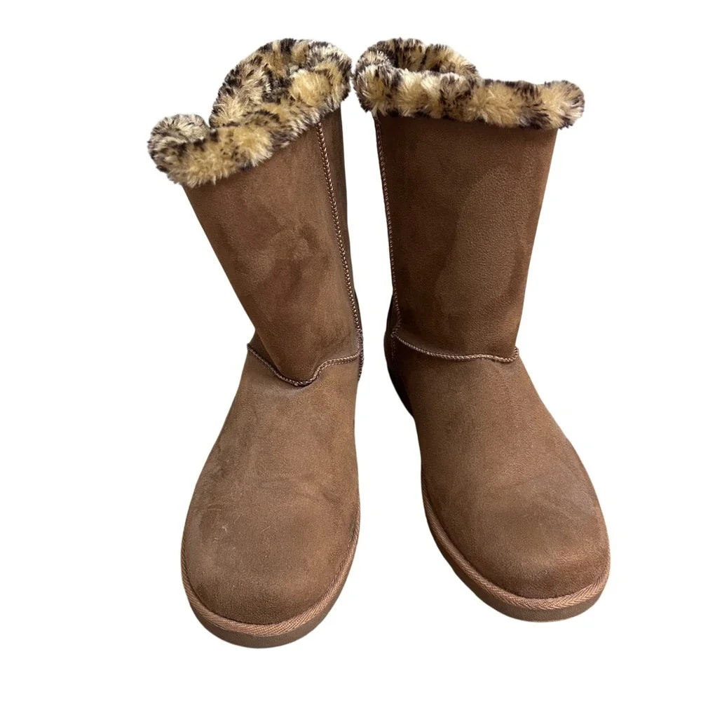 Pacifica Women's Brown Faux Suede Leopard Print Fur Lined Winter Boots Size 11M
